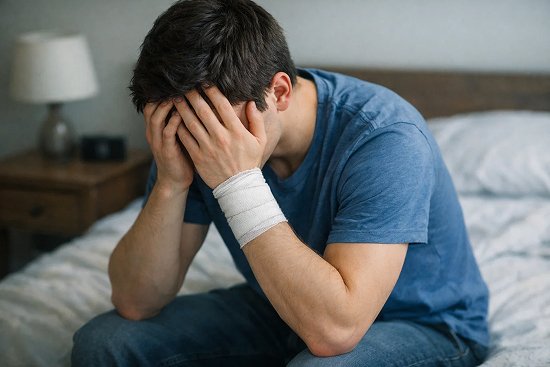 Мужчина с обмотанными в бинт руками